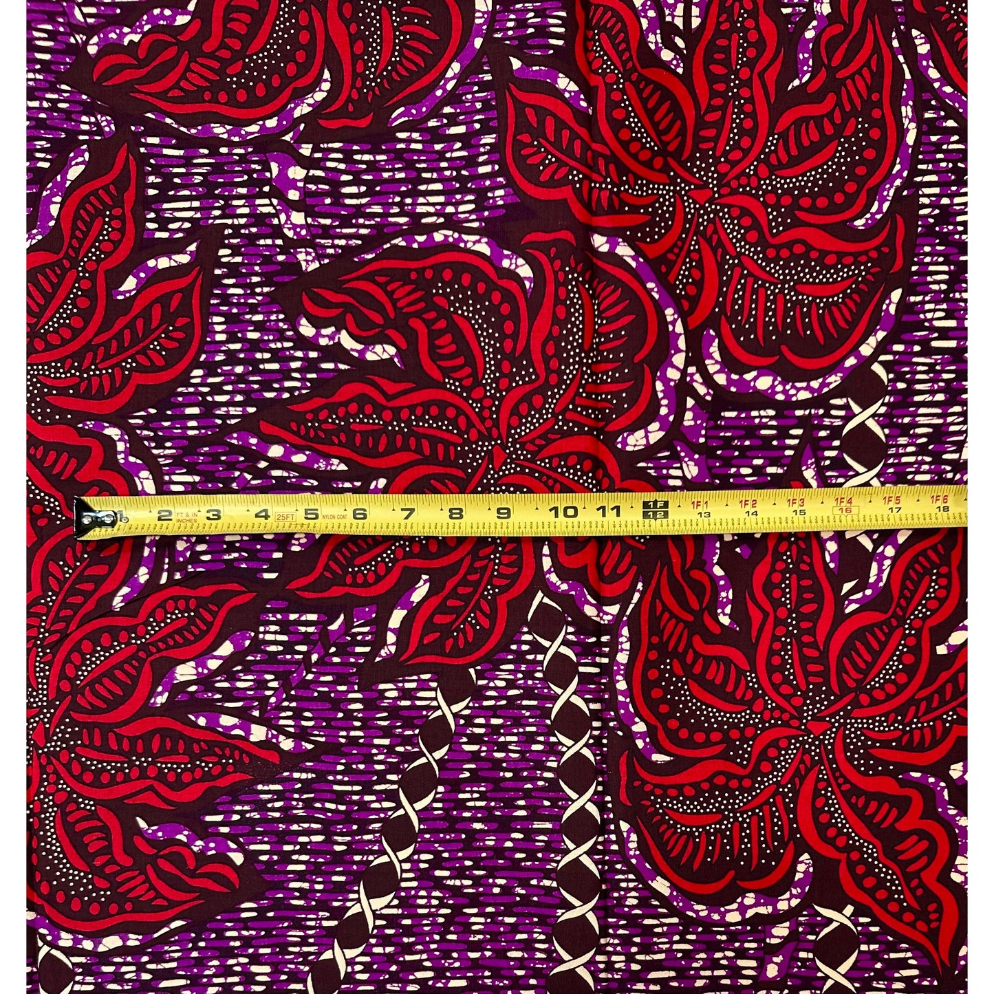 African Print Fabric/Ankara - Purple, Red, Beige 'Ashanti Flame' Design, 1 YARD