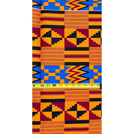 African Print Fabric/Ankara - Orange, Red, Blue, Black "Gold Coast Frequency" Kente, 1 Yard