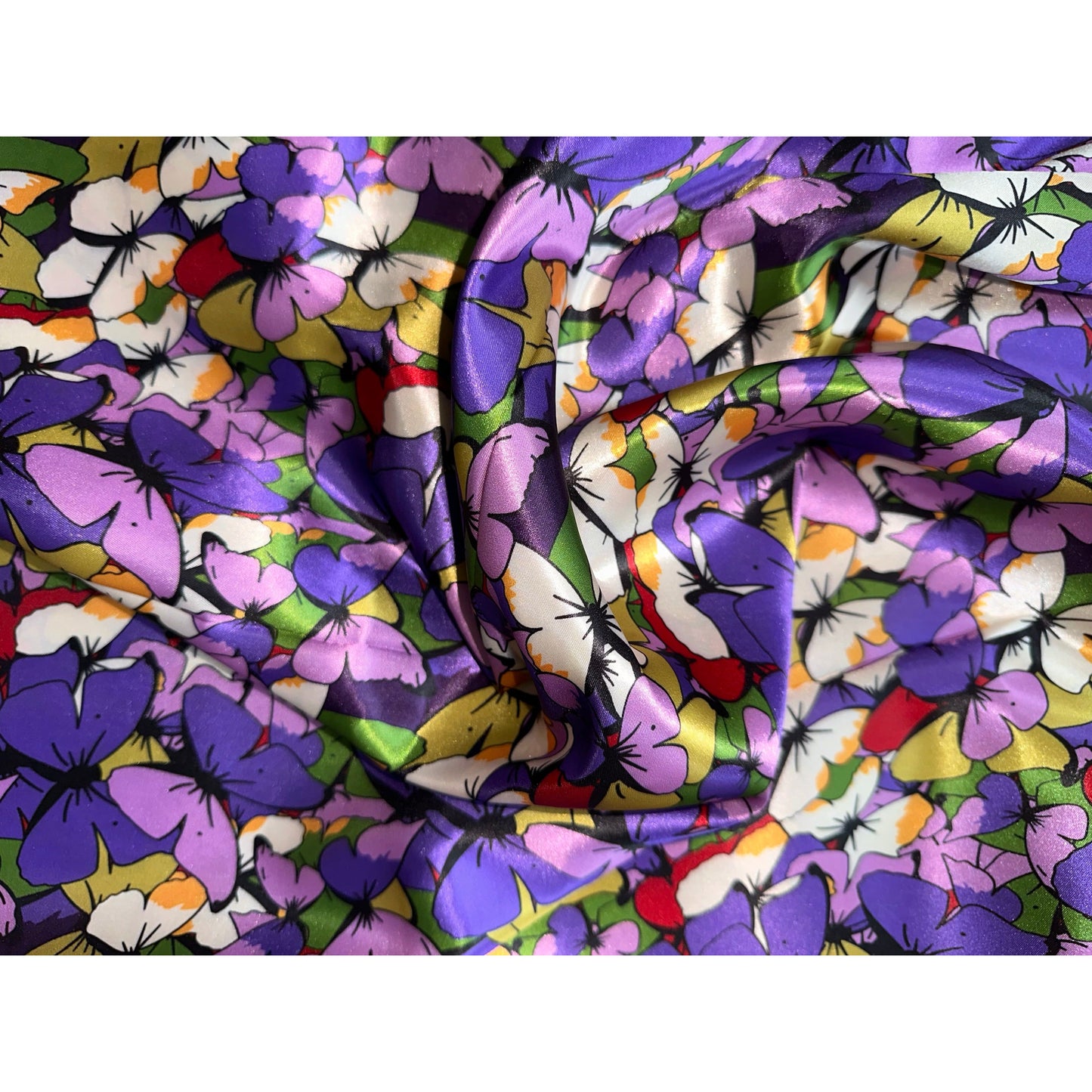 African Print, Satin Fabric - Purple, Green, Red "Love Is Like A Butterfly", Yard or Wholesale