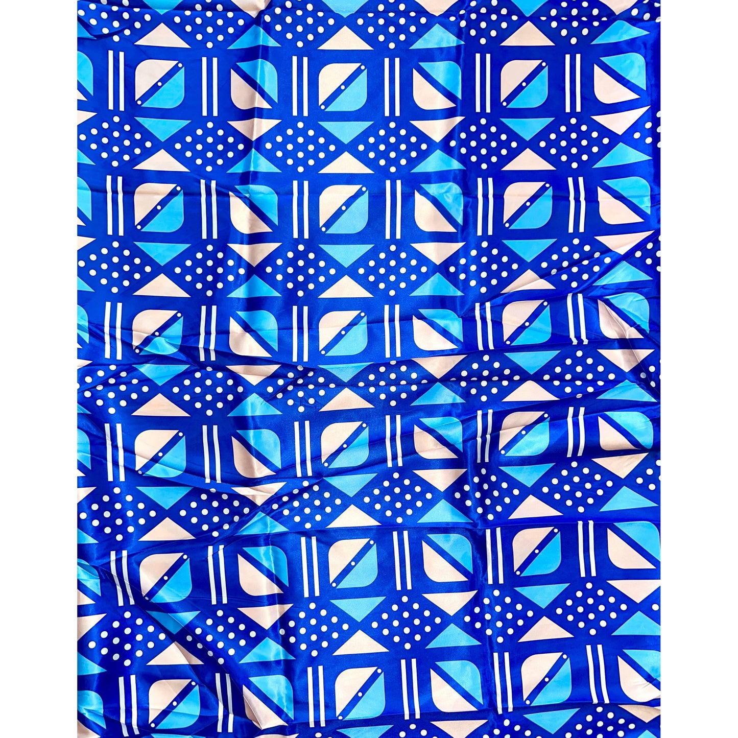 African Print, Satin Fabric- Blue, White, Beige "Nonye", Per Yard