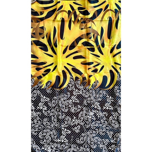 African Print, Satin Fabric- Black, White, Yellow, Gold "Swirl of Ibukun", Yard or Wholesale
