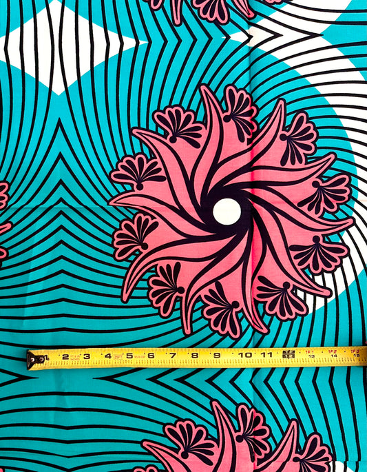 African Print Fabric/ Ankara - Teal, Pink “Opará Lotus', YARD or WHOLESALE **Slightly Flawed**