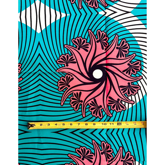 African Print Fabric/ Ankara - Teal, Pink “Opará Lotus', YARD or WHOLESALE **Slightly Flawed**