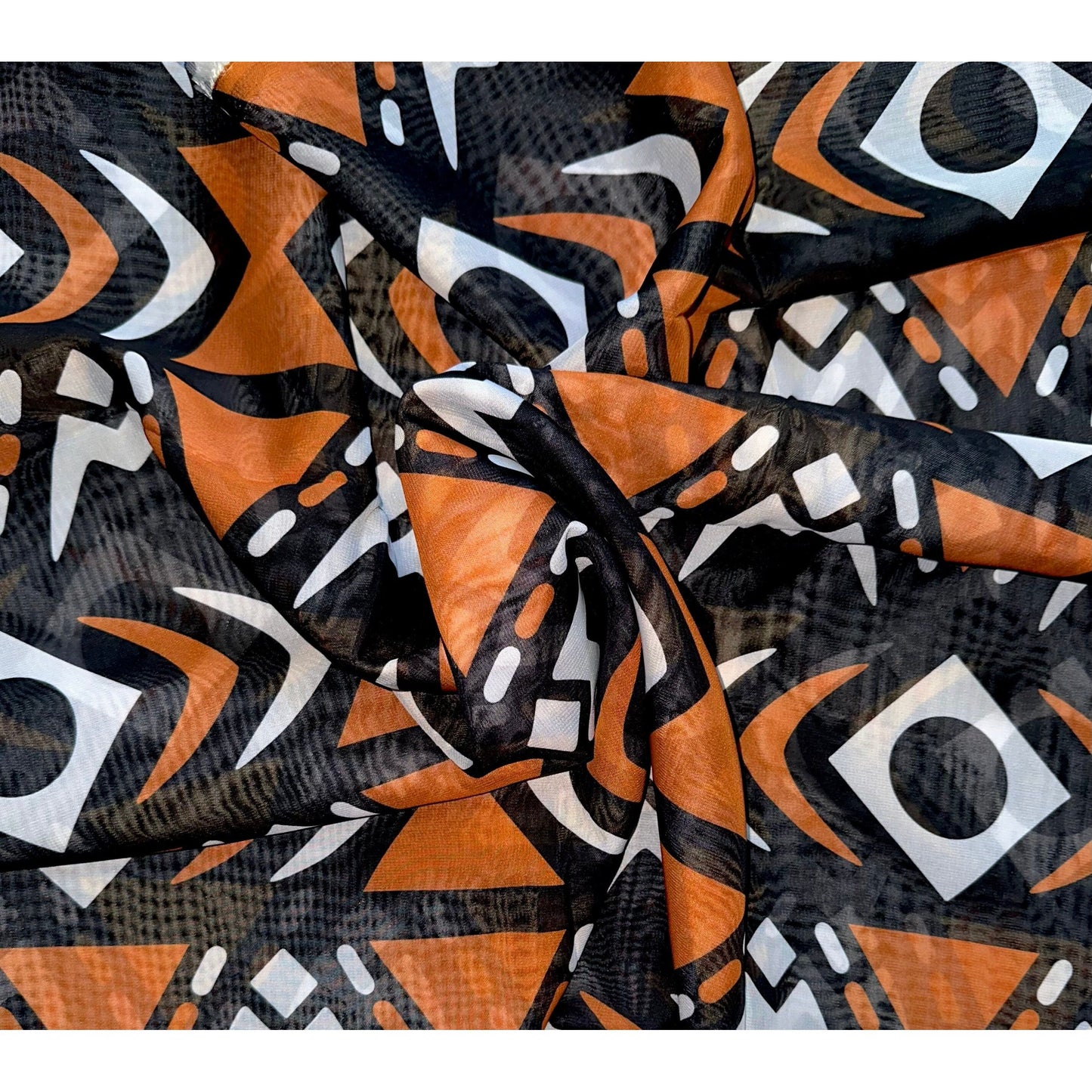 African Print, Chiffon Fabric - Black, Brown, White "Yaro", ~2 Yards