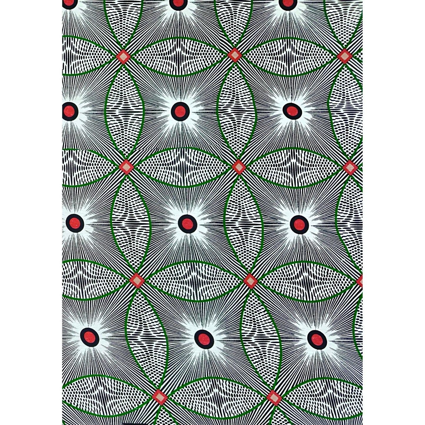 African Print Fabric/ Ankara - Black, White, Green, Red 'Kelele ' Design, YARD or WHOLESALE