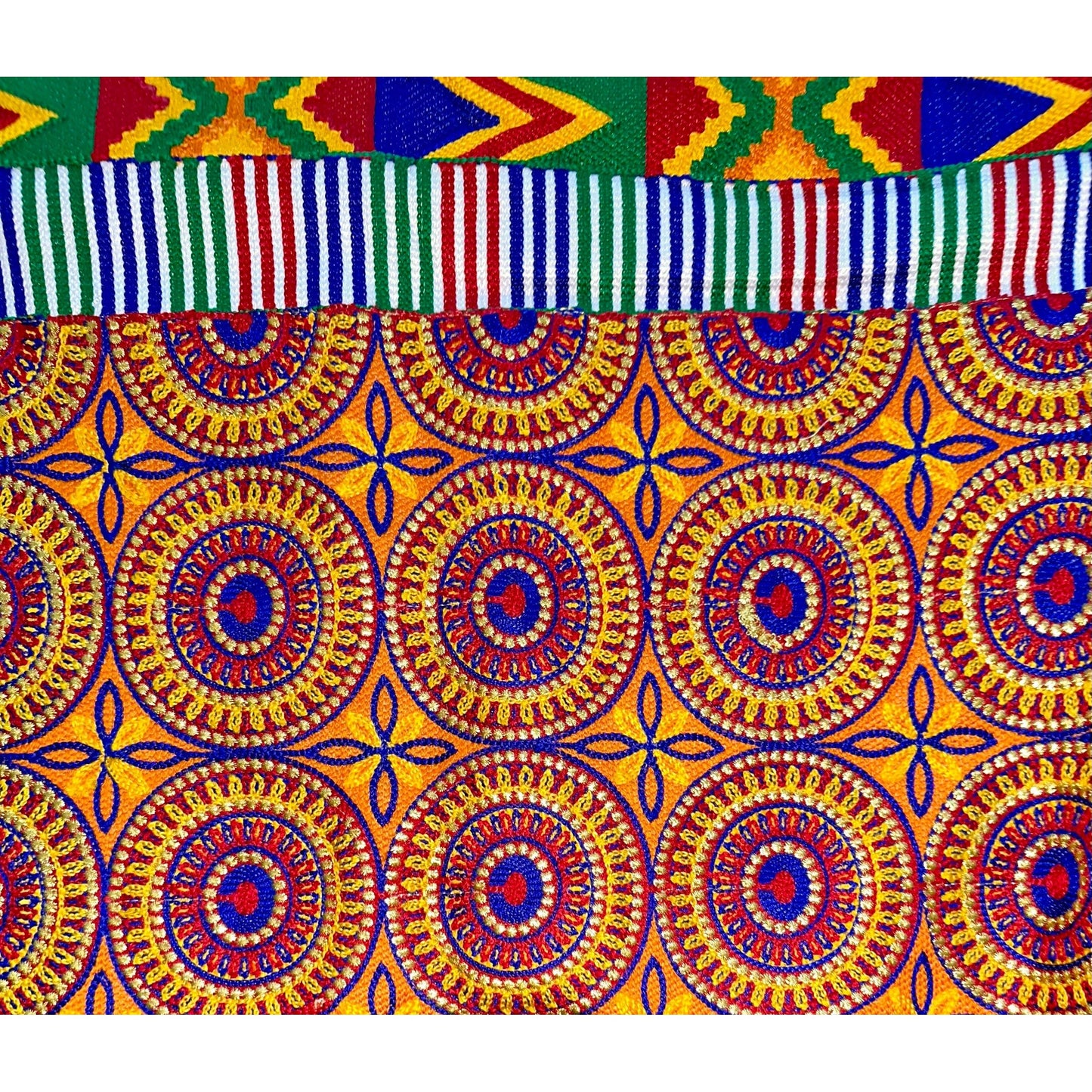 African Fabric/ Woven Kente - Orange, Red, Blue, Green, Metallic Gold “Aboagye”, 6 Yards