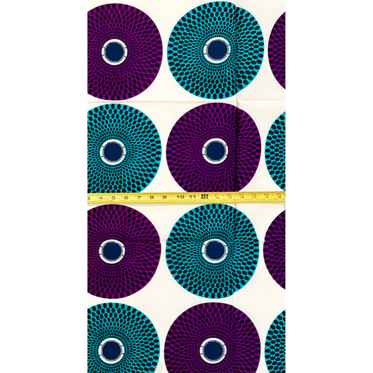 African Print Fabric/ Ankara - Teal, Purple ‘Bullseye' Design, 1 YARD