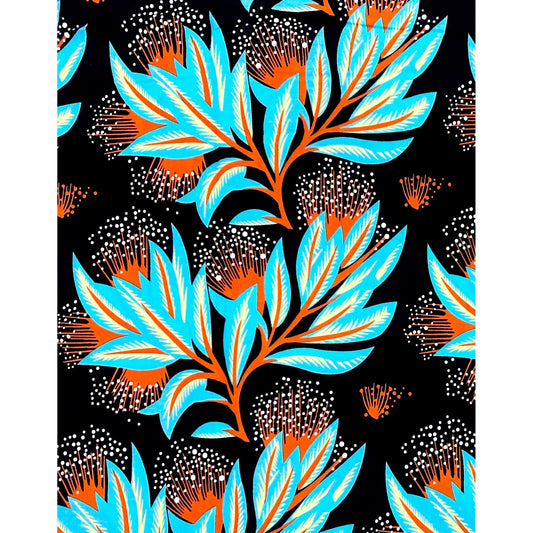 African Print Fabric/Ankara - Black, Blue, Orange, Yellow ‘Sky Beneath Leaves' Design, YARD or WHOLESALE