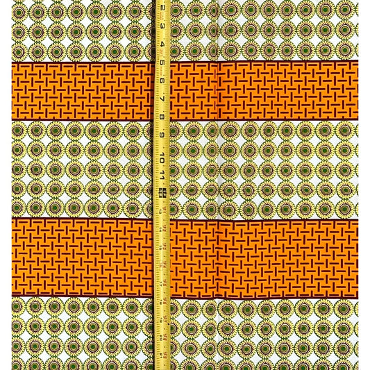 African Print Fabric/ Ankara - Green, Orange, Brown, Cream ‘Kintampo Lines' Design, 1 YARD
