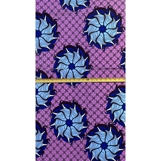 African Print Fabric/ Ankara - Pink, Blue, Brown 'Oyo Rosette,' 1 YARD