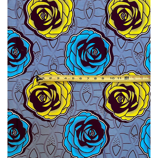 African Print Fabric/ Ankara - Gray, Blue, Yellow “Sugar Rose', YARD or WHOLESALE