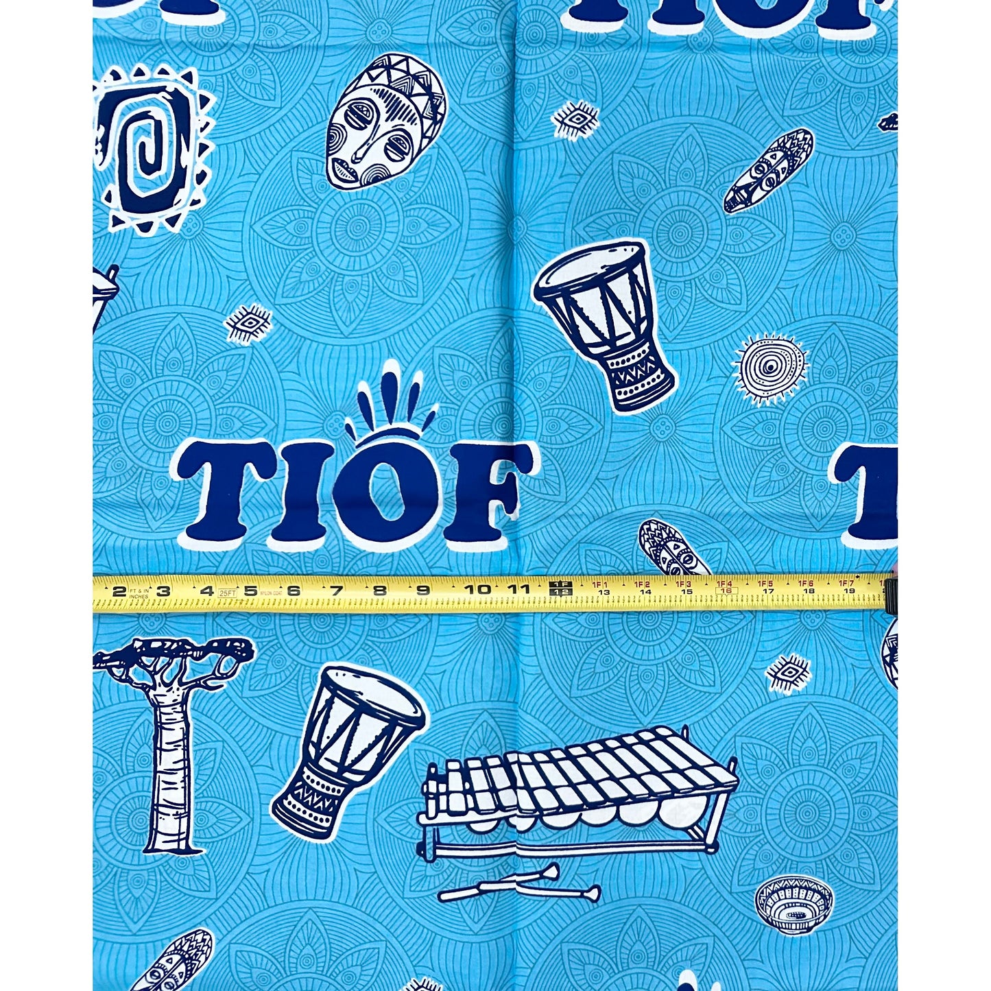 African Print Fabric/ Ankara - Blue, White ‘Tiof Drums of Africa' Design, YARD