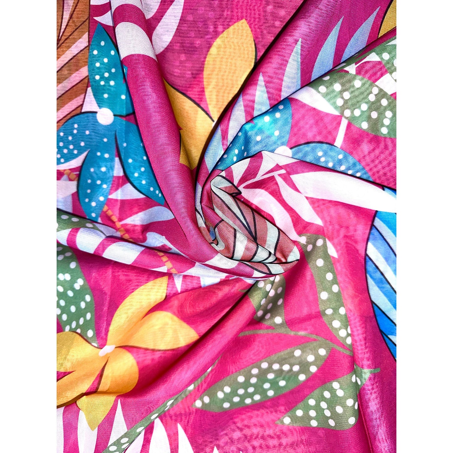 African Print, Chiffon Fabric - Pink, Orange, Green "Athilah’s Garden", ~2 Yards