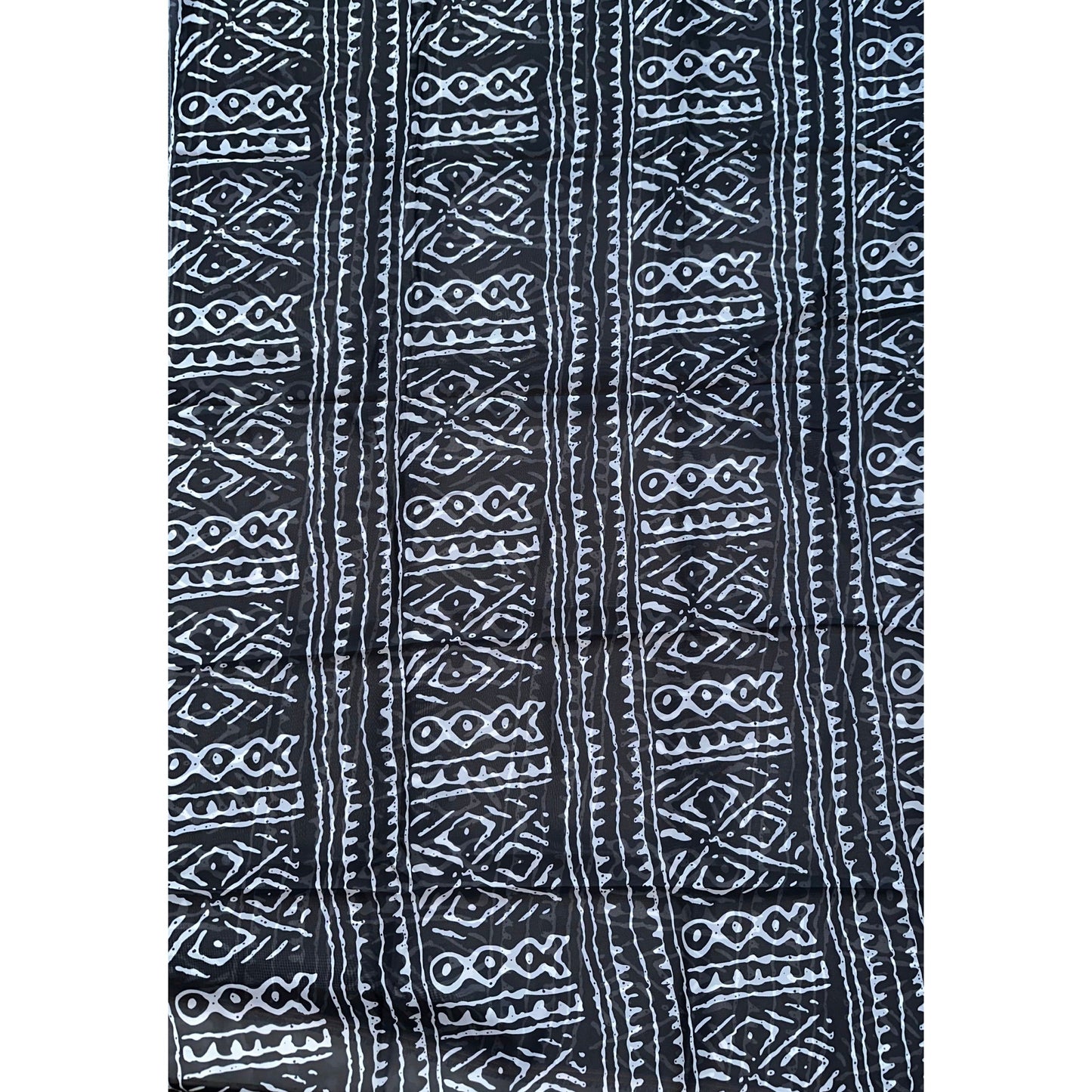 African Print, Chiffon Fabric- Black, White "Meroitic Chapter ", ~ 2 Yards