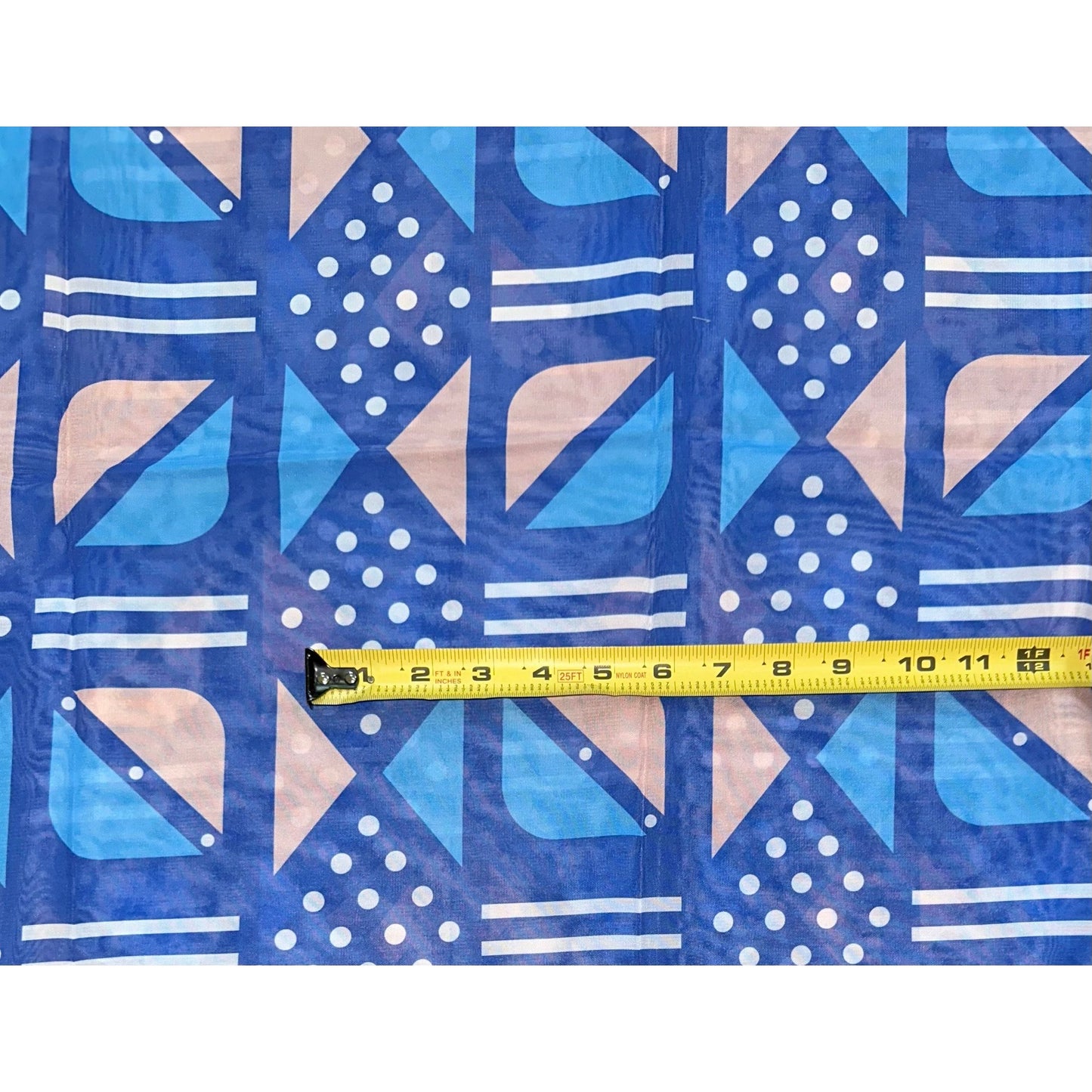 African Print, Chiffon Fabric - Blue, Beige, White "Nonye", ~2 Yards
