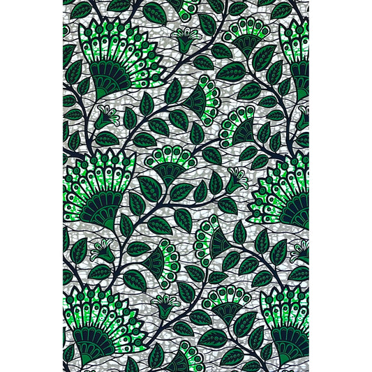 African Print Fabric/ Ankara - Green, Gray 'Everything Connects Eventually' Design, YARD or WHOLESALE
