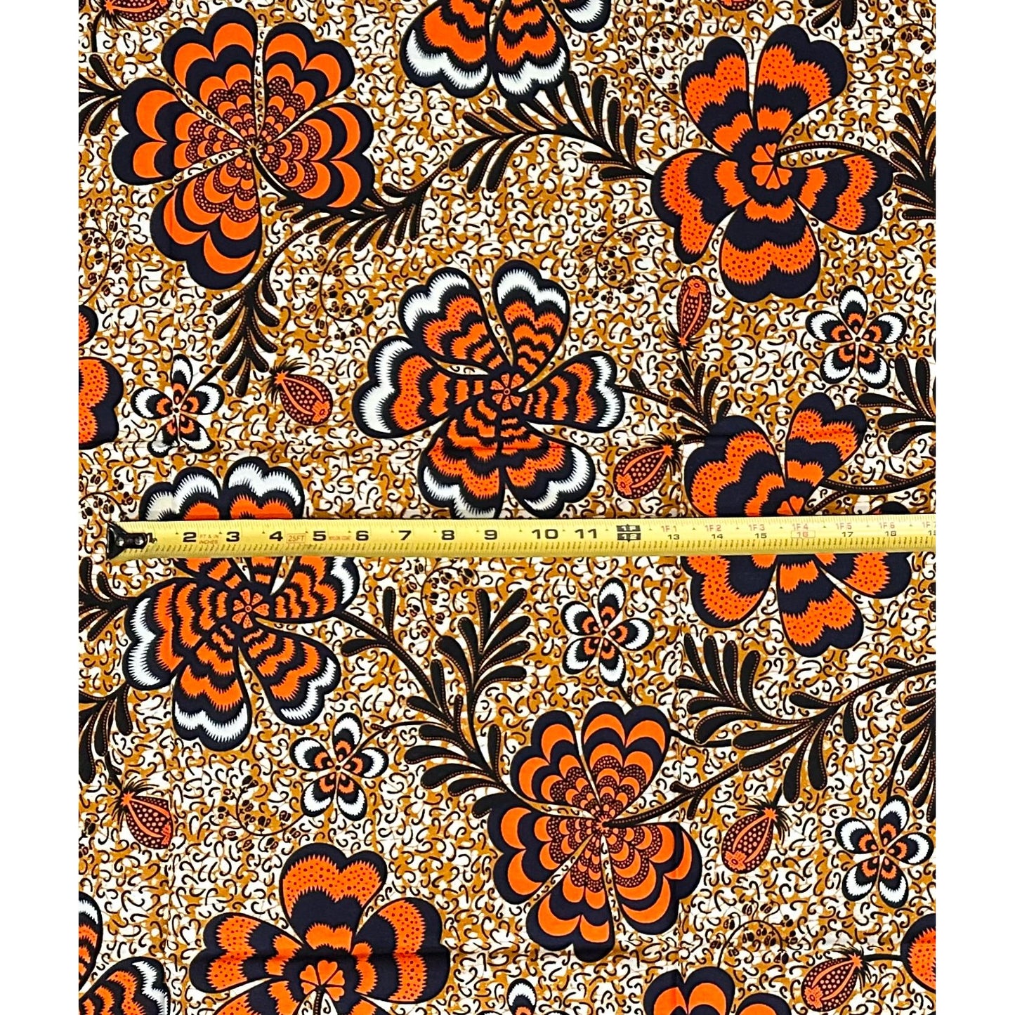 African Print Fabric/ Ankara - Orange, Brown, Navy, Black 'Ayípadà Blooms,’ 1 YARD