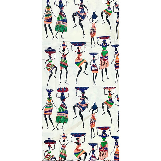 African Print Fabric/ Ankara - Cream, Black, Blue, Green ‘She Carries On' Design, YARD or WHOLESALE