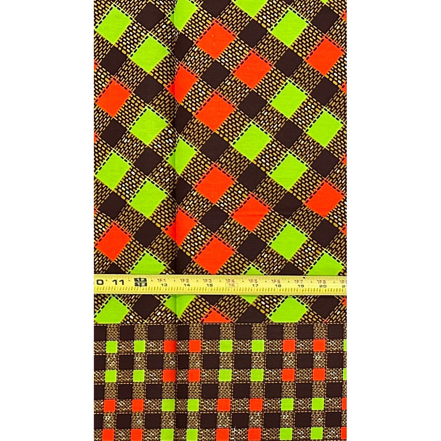 African Print Fabric/ Ankara - Green, Orange, Brown ‘Market After Five' Design, 1 YARD