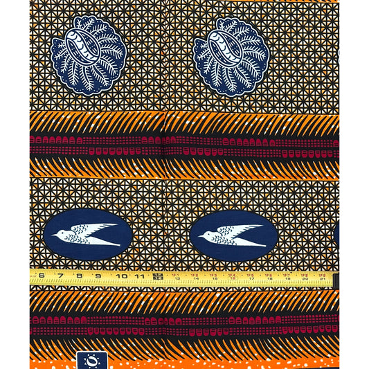 African Print Fabric/Ankara - Orange, Red, Brown, Blue "Messenger from Benin", 1 Yard