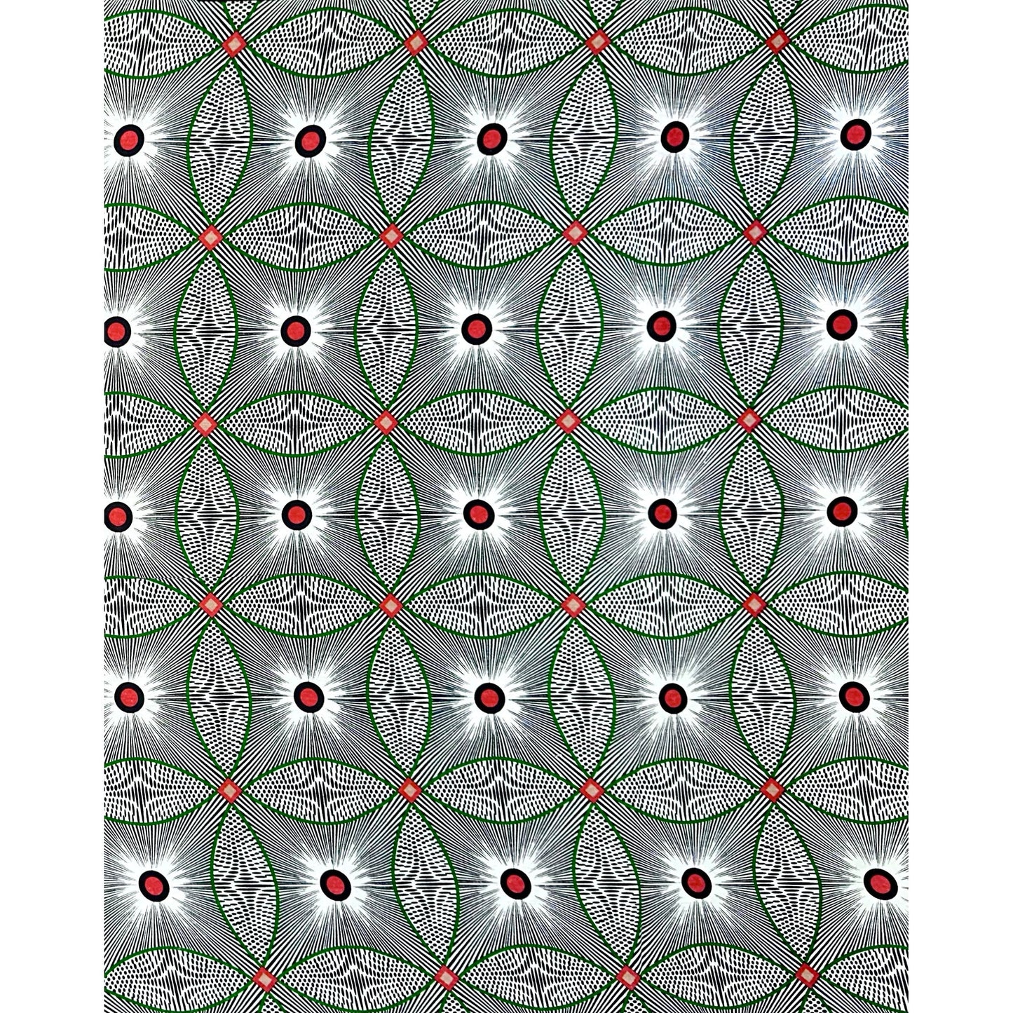 African Print Fabric/ Ankara - Black, White, Green, Red 'Kelele ' Design, YARD or WHOLESALE