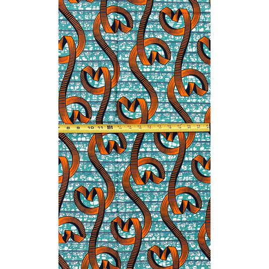 African Print Fabric/ Ankara - Green, Orange, Navy 'Dancing Before Dawn', 1 YARD