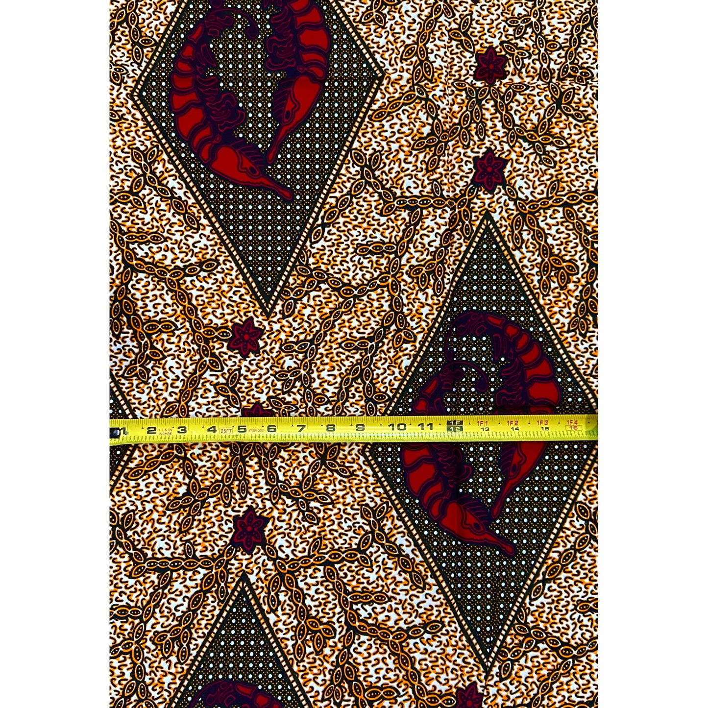 African Print Fabric/ Ankara - Red, Black, Orange 'Lobster Market' Design