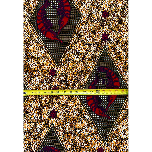 African Print Fabric/ Ankara - Red, Black, Orange 'Lobster Market' Design
