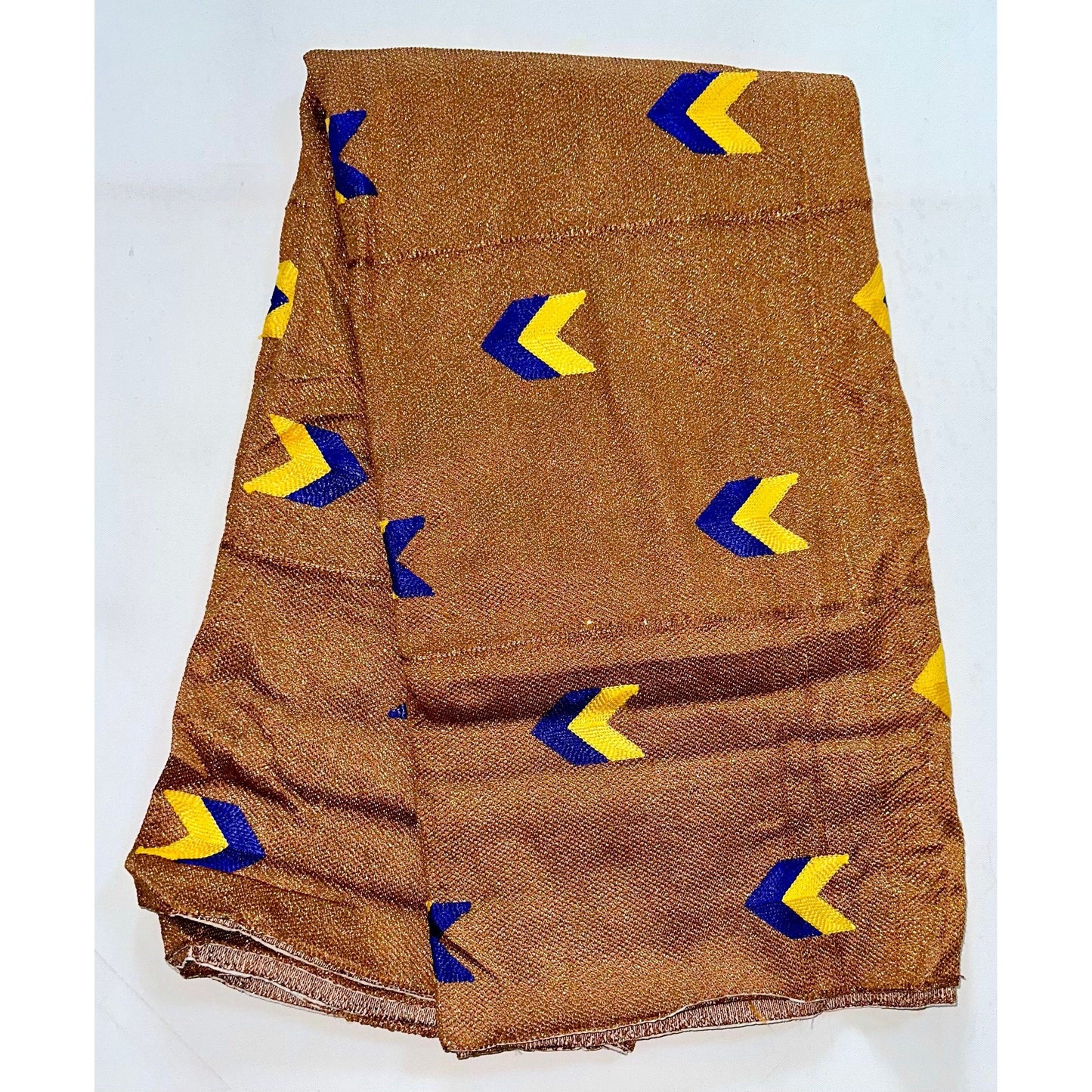 African Fabric/ Woven, Kente - Brown, Blue, Yellow & Metallic Gold “Agyei”, ~2 Yards