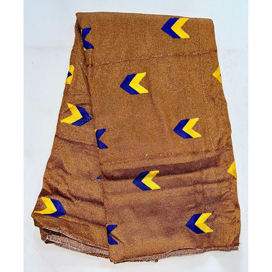 African Fabric/ Woven, Kente - Brown, Blue, Yellow & Metallic Gold “Agyei”, ~2 Yards