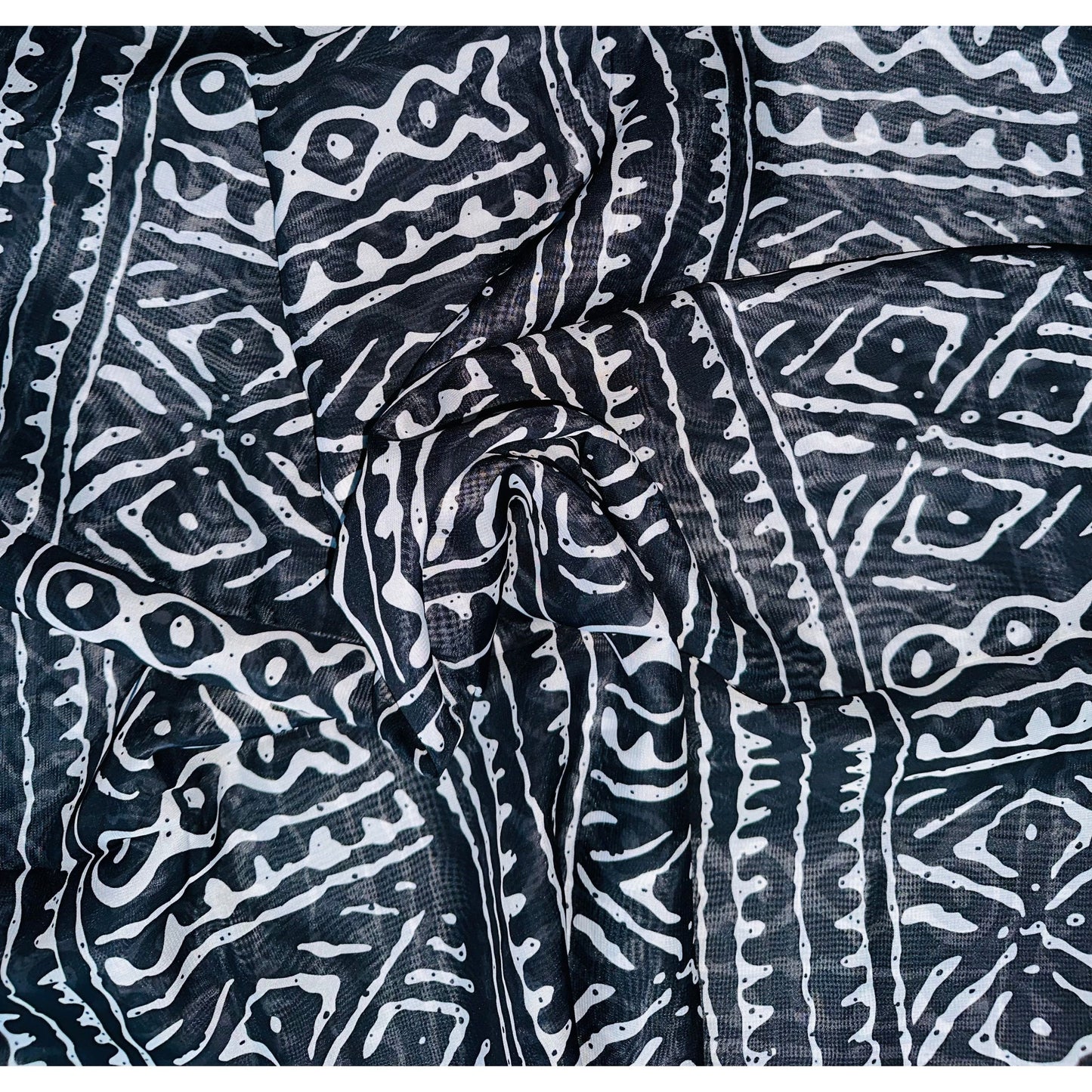 African Print, Chiffon Fabric- Black, White "Meroitic Chapter ", ~ 2 Yards