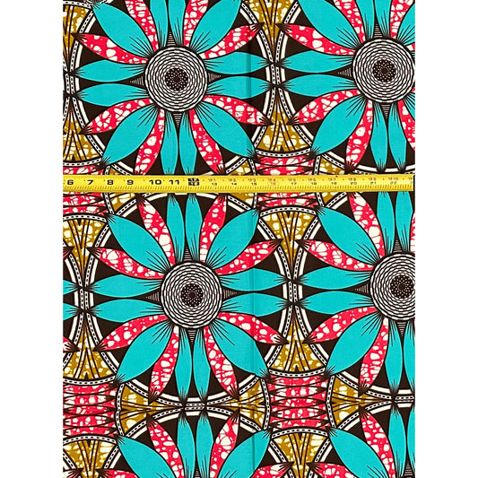 African Print Fabric/ Ankara - Blue, Brown, Pink ‘Kinetic Flower ' Design, 1 YARD