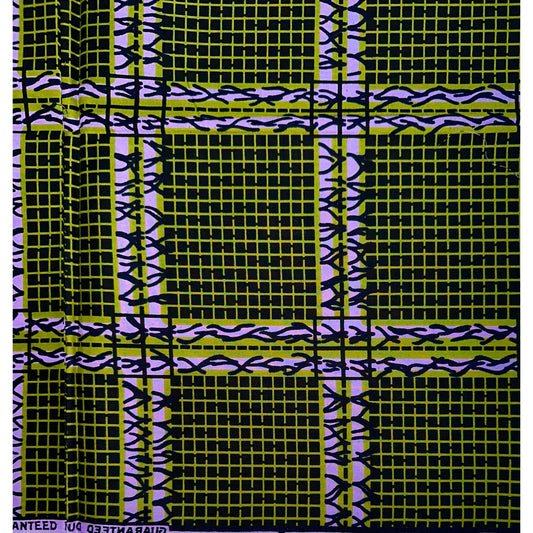 African Print Fabric/ Ankara - Green, Purple 'Ola Grid' Design, YARD