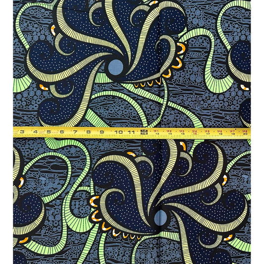 African Print Fabric/ Ankara - Gray, Blue, Yellow, Green, Black 'Sannu a Hankali' Design, 1 Yard