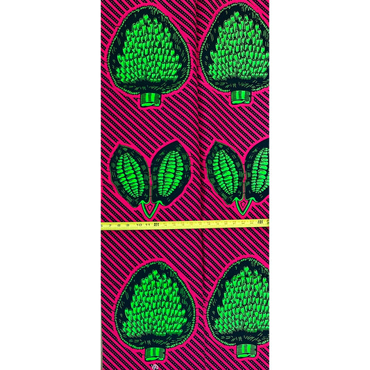 African Print Fabric/Ankara - Pink, Green, Black "Heart of Palm Fruit" Design, YARD