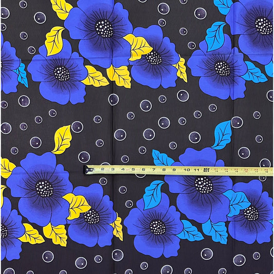 African Print Fabric/ Ankara - Shades of Blue, Yellow, Brown 'Midnight Hibiscus' Design, 1Yard