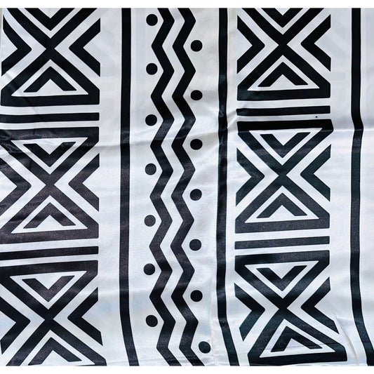 African Print, Satin Fabric- Black, White "Nima", Yard or Wholesale
