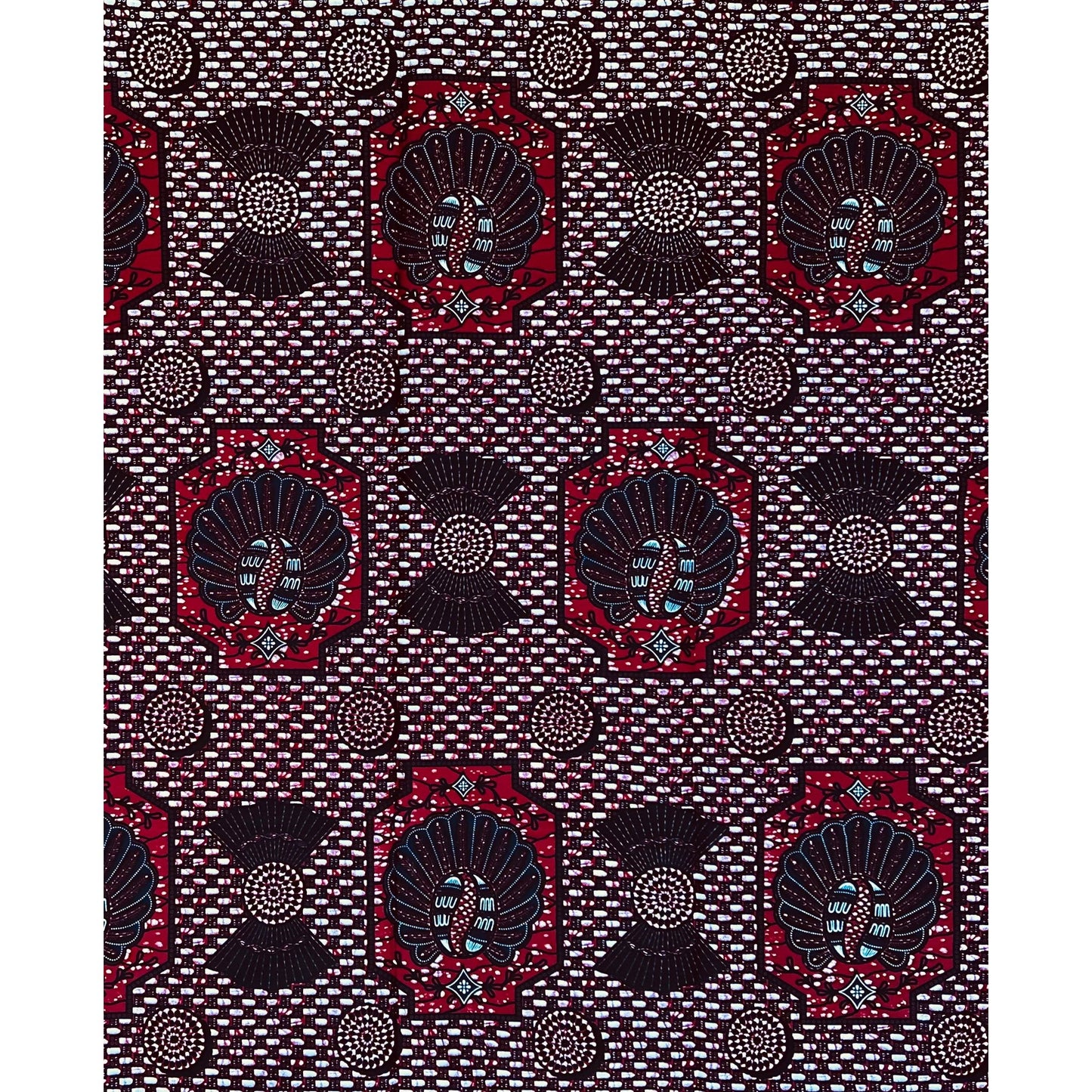 African Print Fabric/ Ankara - Dark Red, Blue 'Afia Mmiensa,' YARD