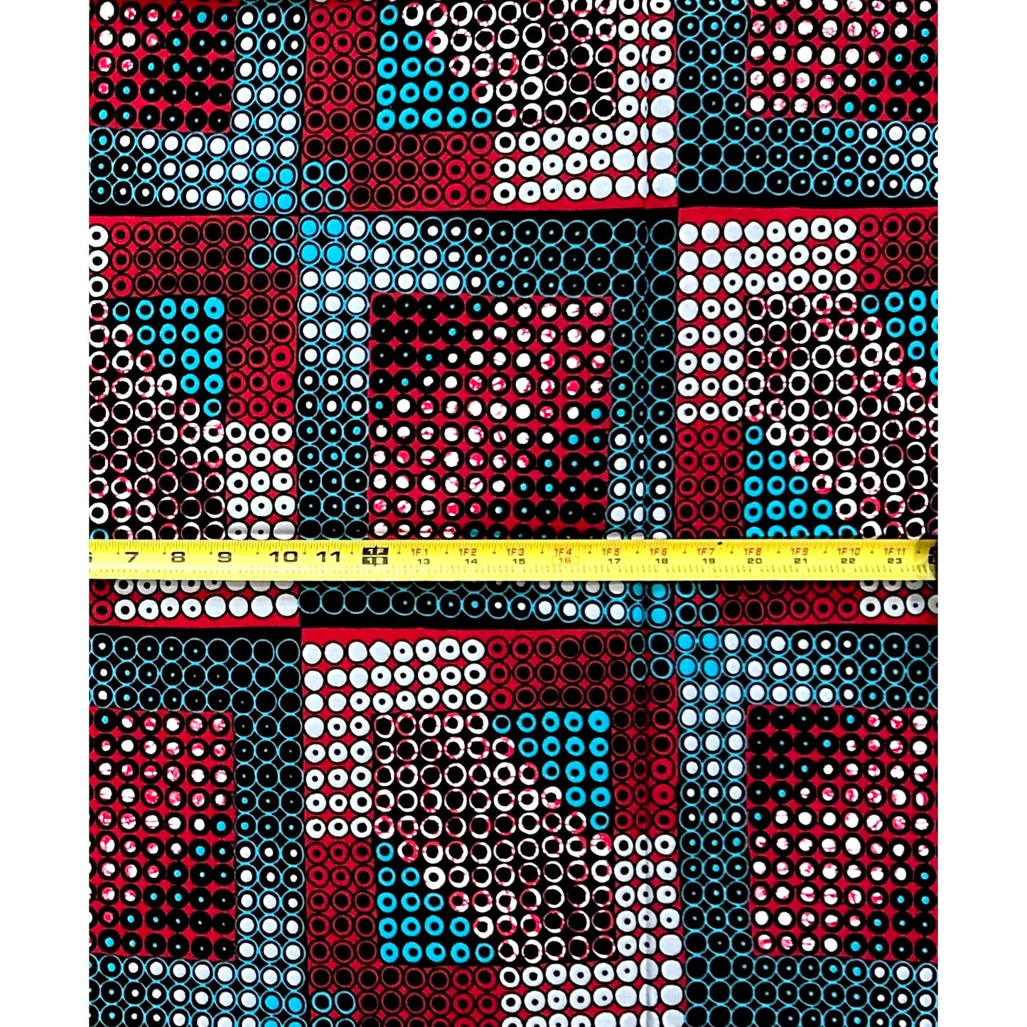 African Print Fabric/ Ankara - Teal, Red, Black ‘Isiagu Block' Design, 1 YARD