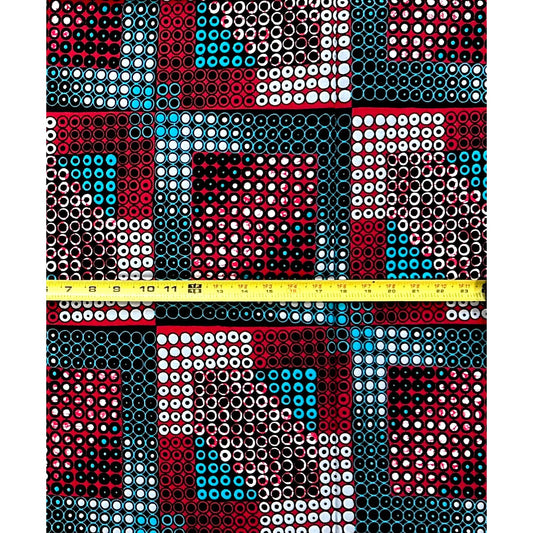 African Print Fabric/ Ankara - Teal, Red, Black ‘Isiagu Block' Design, 1 YARD
