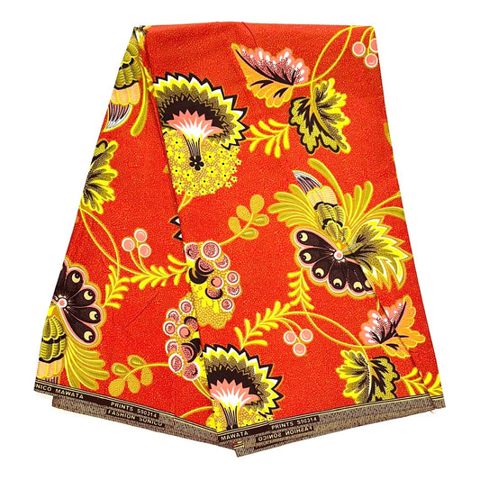 African Print Fabric - Red, Yellow, Brown, Pink 'Hapi', YARD or WHOLESALE