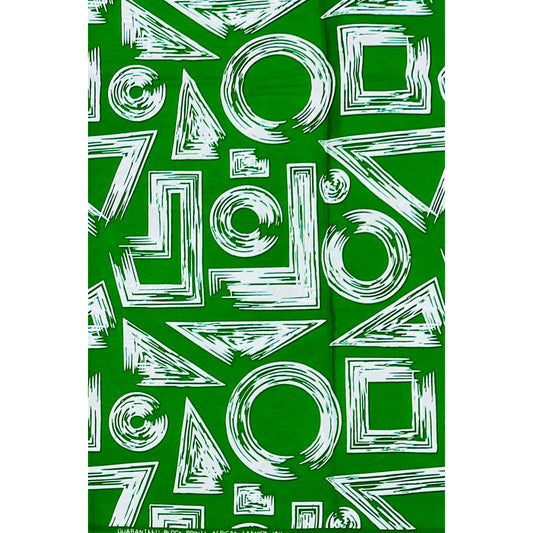 African Print Fabric/ Ankara - Green, White 'Tatu Forms' Design, YARD or WHOLESALE