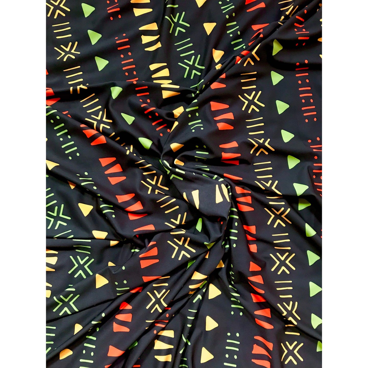 African Print, Elastic Knit Fabric - Dark Brown, Orange, Yellow, Green "Kachi", Per Yard