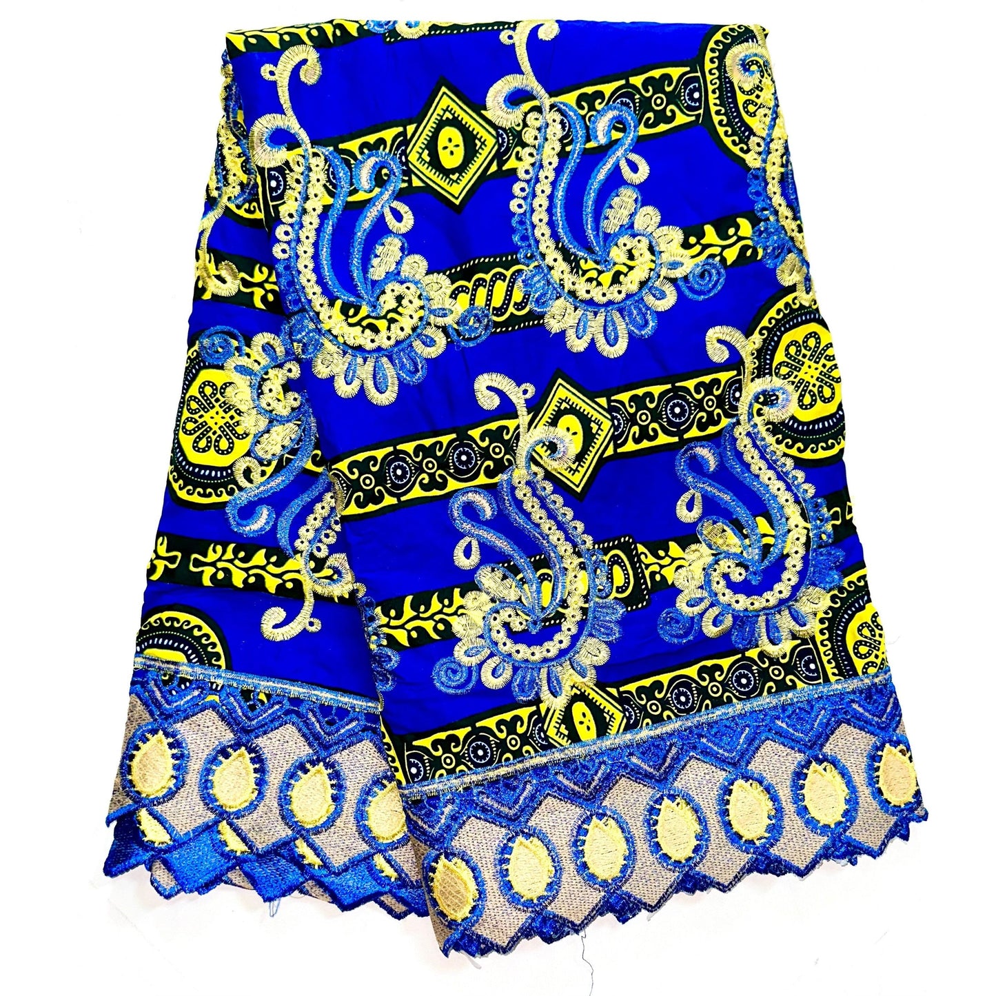 African Print Lace Fabric/ Ankara - Blue, Yellow, Black 'Singita', Yard or Wholesale