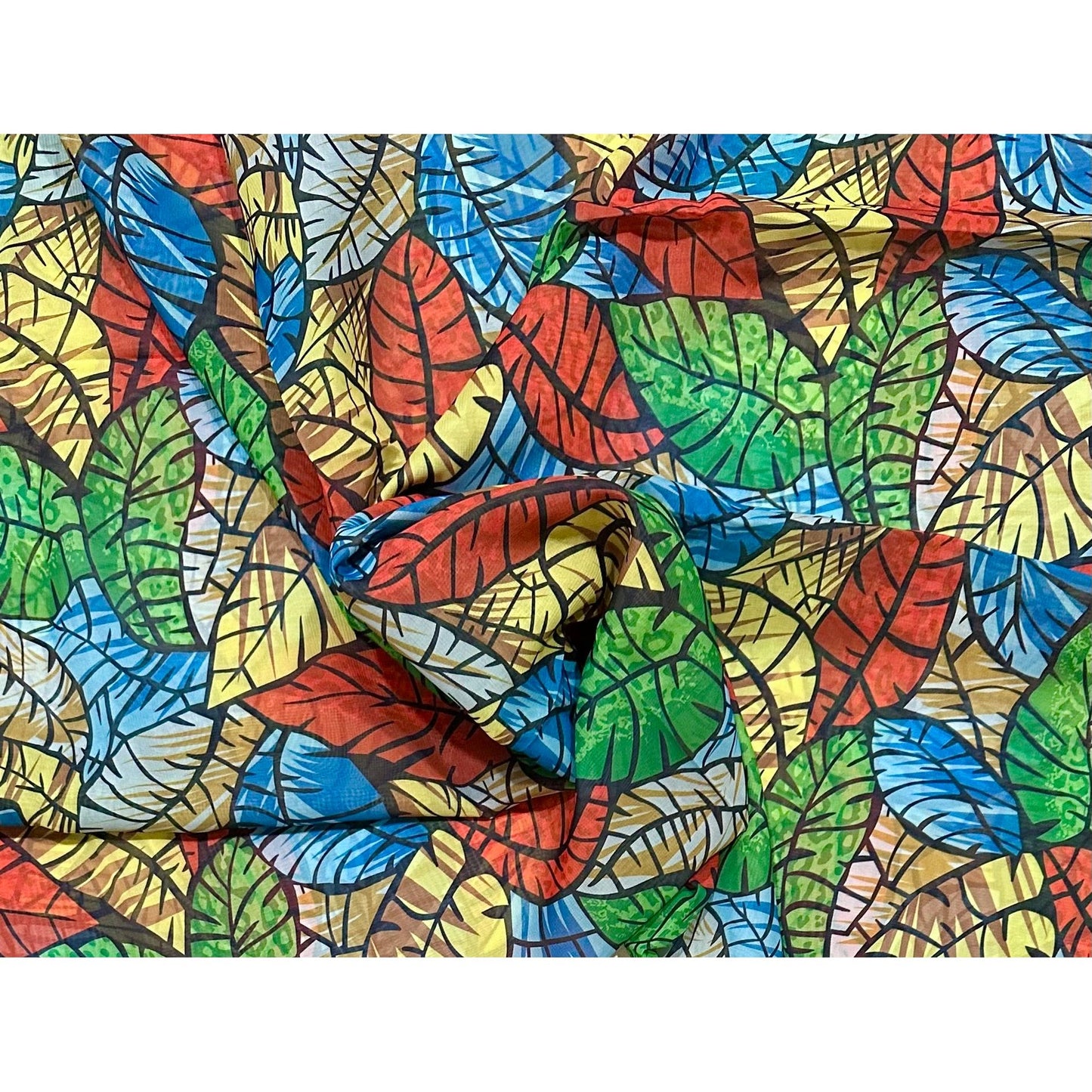 African Print, Chiffon Fabric- Red, Blue, Green, Yellow "Miombo Woodlands", ~ 2 Yards