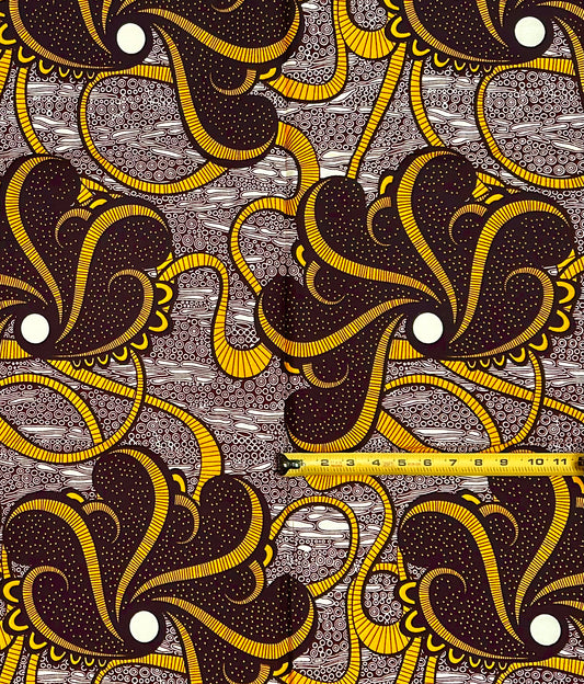 African Print Fabric/ Ankara - Brown, Marigold ‘Kairo Flow' Design, 1 YARD