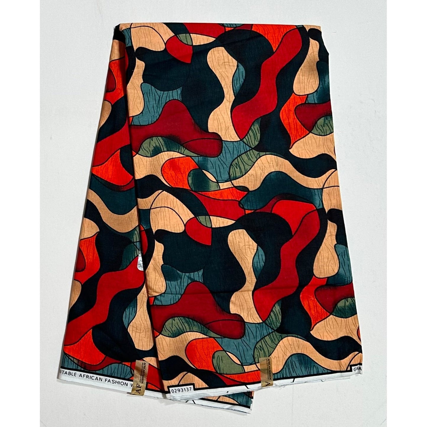 African Print Fabric/ Ankara - Red, Orange, Beige, Shades of Grey 'Camou-Léka' Design, YARD or WHOLESALE