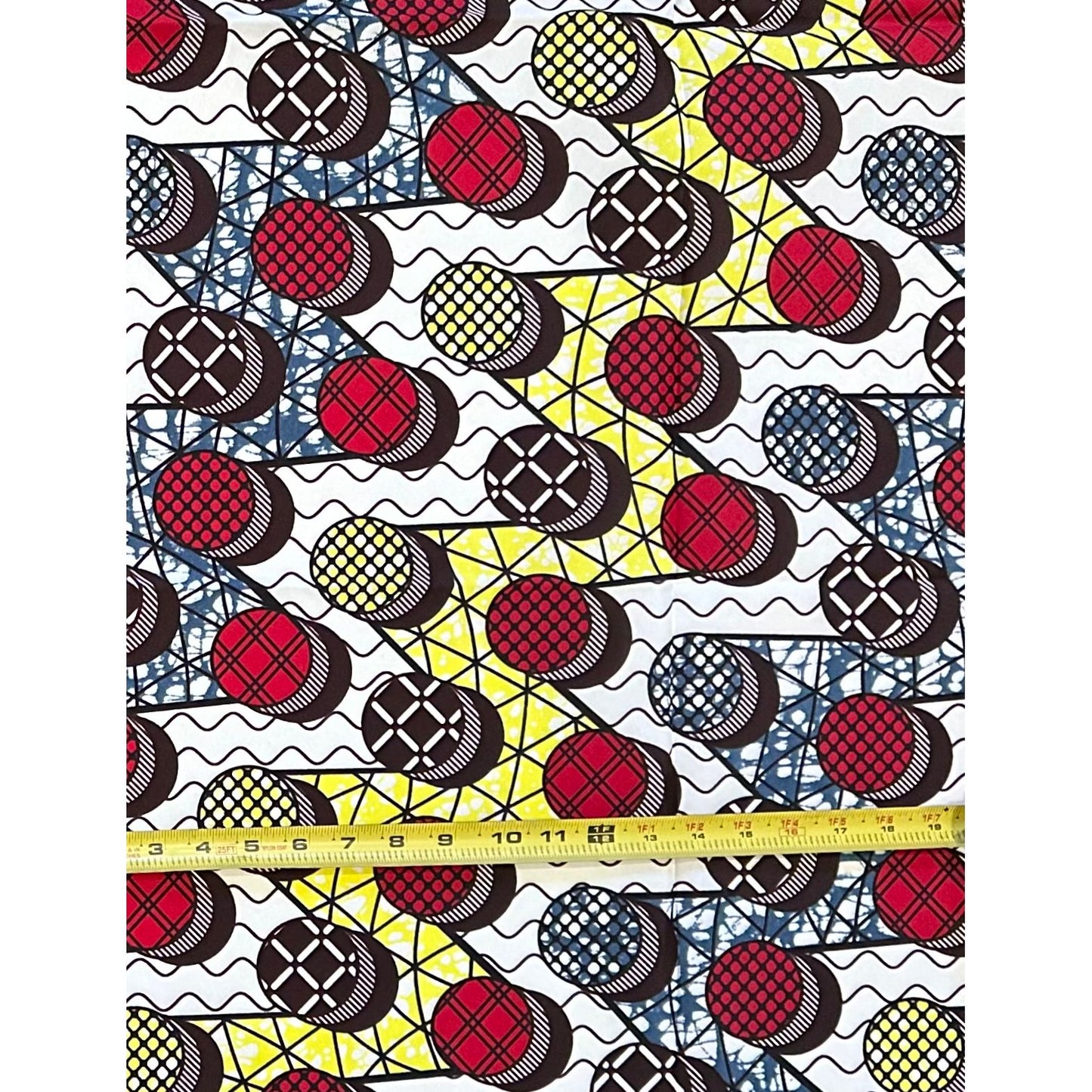 African Print Fabric/ Ankara - Red, Gray, Yellow, Brown 'Rhythm & Round' Design