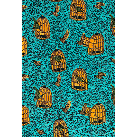 African Print Fabric/ Ankara - Teal, Marigold, Green 'I Know Why The Caged Bird Sings' Design, YARD or WHOLESALE