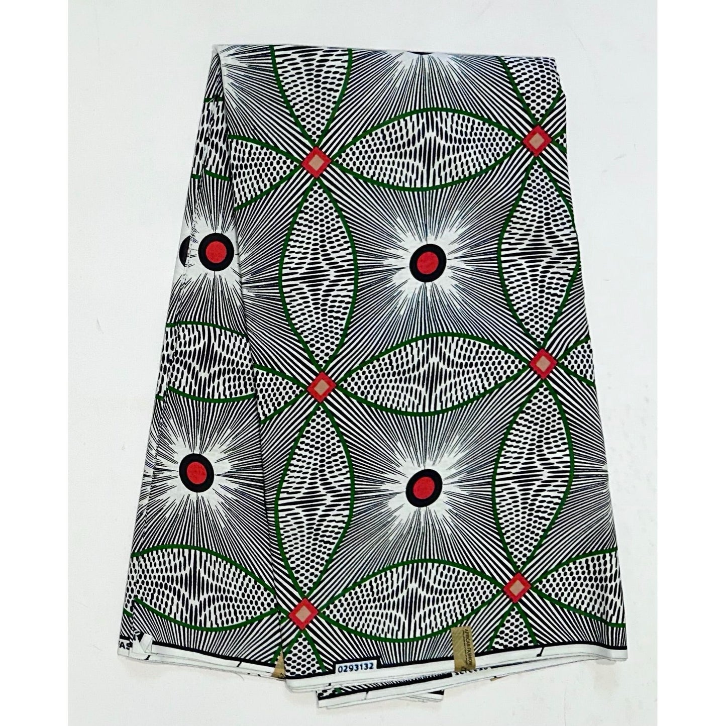African Print Fabric/ Ankara - Black, White, Green, Red 'Kelele ' Design, YARD or WHOLESALE